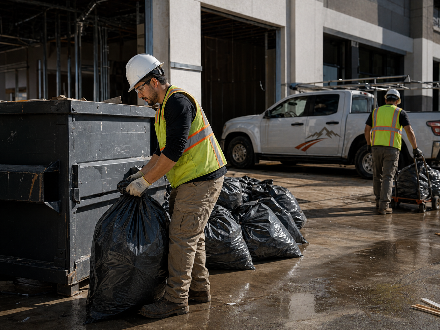 Crew staging bagged debris near a commercial dumpster area