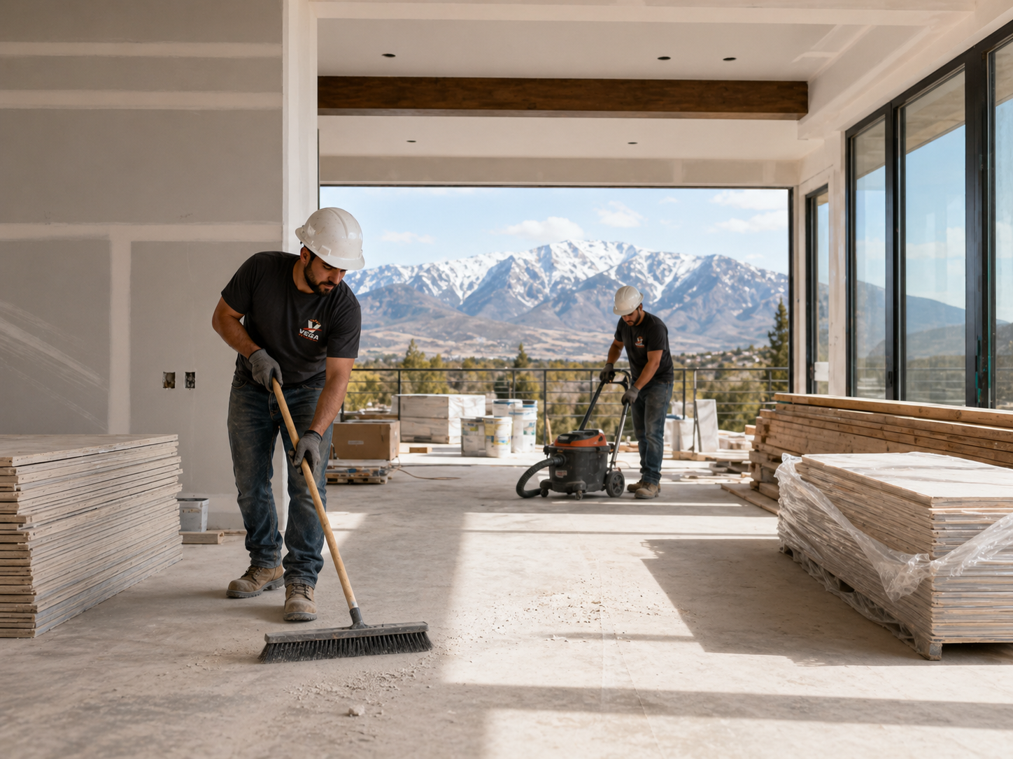 Crew sweeping and cleaning an active construction interior in Utah