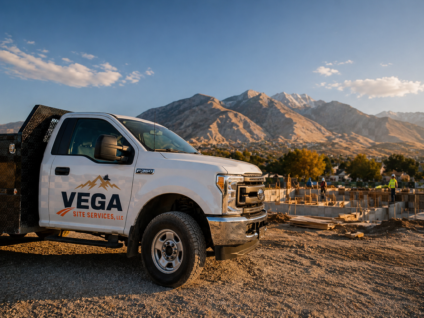 Vega Site Services branded truck and crew at a Utah construction site